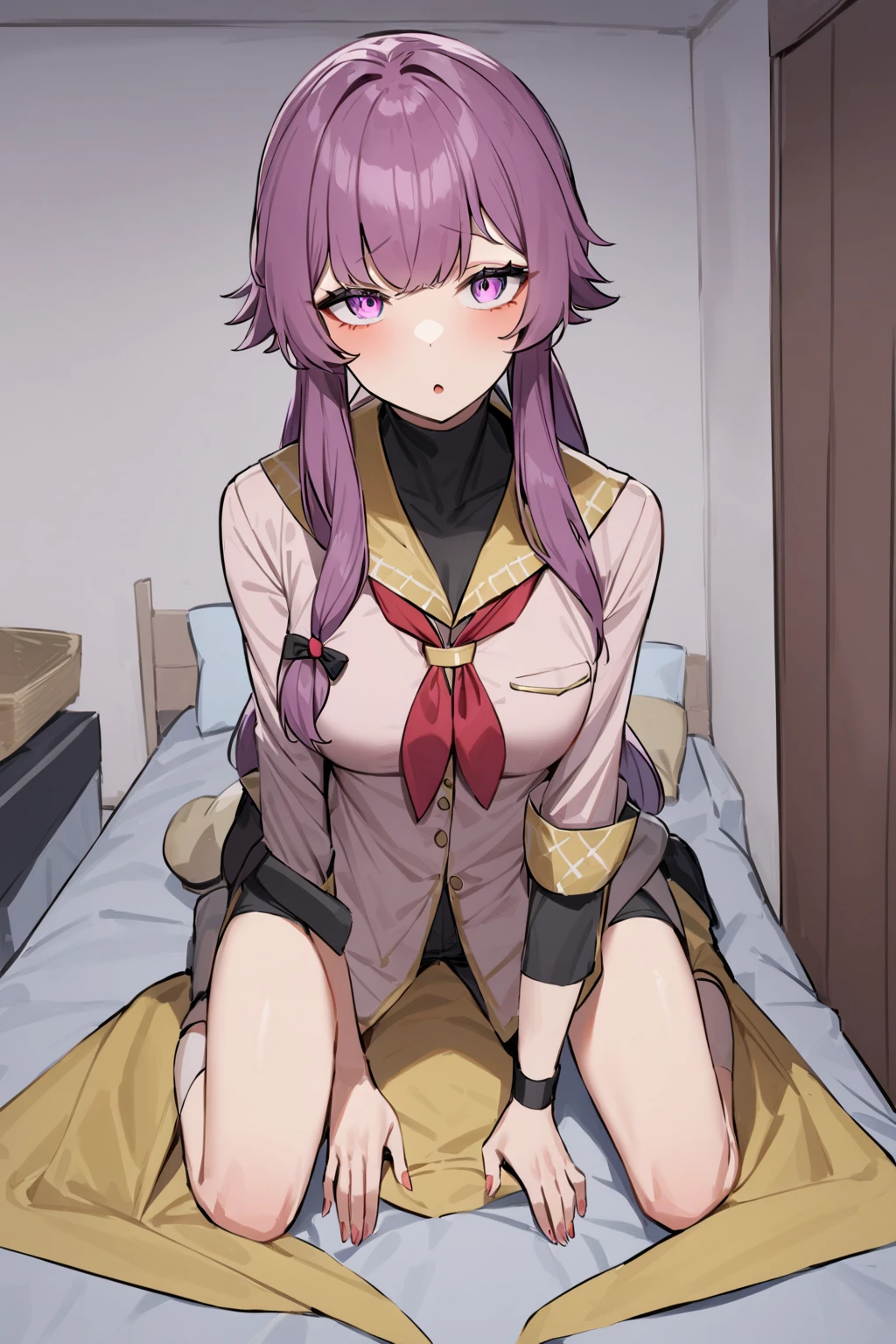 ((nsfw)),Sleep in bed、lie down、On your back、((raise your legs))、vaginal ejaculation、It's inside、dripping、vaginal _Large amount、Hand up、Holding a pillow、blush、涙eye、Crying face、resistance、glaring,(1 girl), (beautiful detailed girl), Len Bright, yellow_eye, purple hair, long hair, Broke up_前hair, hair_ribbon, black coat, white shirt, pantyhose, black knee boots, short black skirt, frills, black_gloves, ,, smug