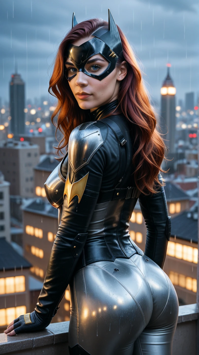 babs, red hair, blue eyes, black bodysuit, belt, cape, gloves, looking at viewer, smiling, happy,
outside, apartment roof, cityscape, night, moon, extreme detail, hdr, beautiful quality,Grabbing own Ass , show ass to camera
