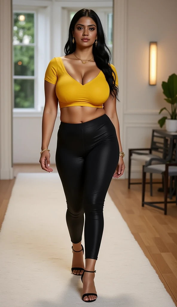 Black nerd with cleavage and a confident and humble appearance. wearing a crop top with her midriff exposed and tight, tight shorts. Her body is perfect, her breasts are large and proportional to her body, her legs are shapely and her buttocks are large and exposed. Colored curly hair with a natural fit. Vibrant, golden-eyed environment of a humble home in Brazil in high-quality 3D format back pose looking at angled 3D
