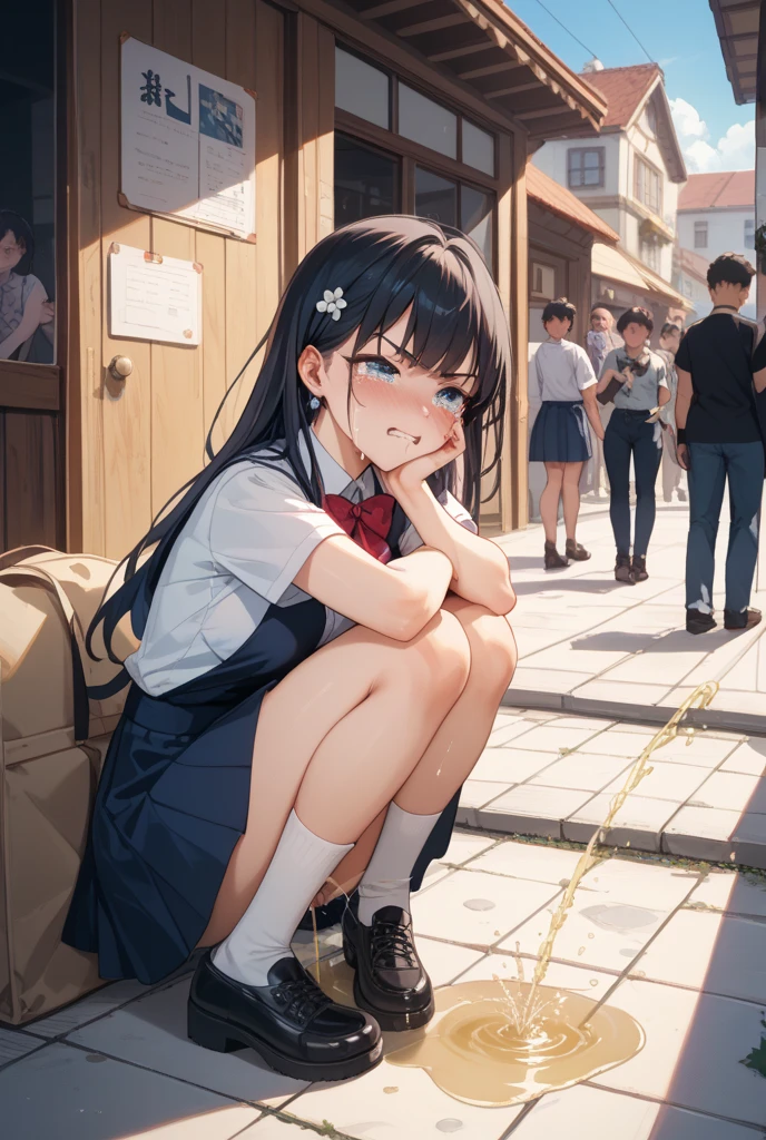 1girl in、A smile、The shirt、skirt by the、（small tits）Chilarism、Japan High School Student Uniform、serafuku、summer clothing、Squall Drenched Uniform、（Sheer Bra）、Upper body portrait、light cream hair、Squatting panchira、