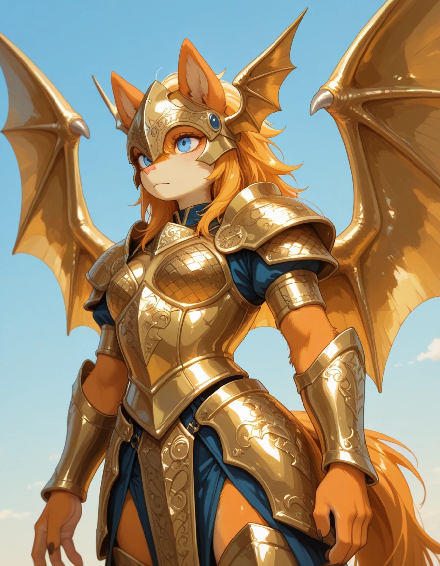 Solo, Furry, Pegasus monster girl with blue eyes, bat-like head wings, orange and cream fur, jagged yellow hair and tail, golden wings, wearing golden intricate armor and helm
, sky blue day