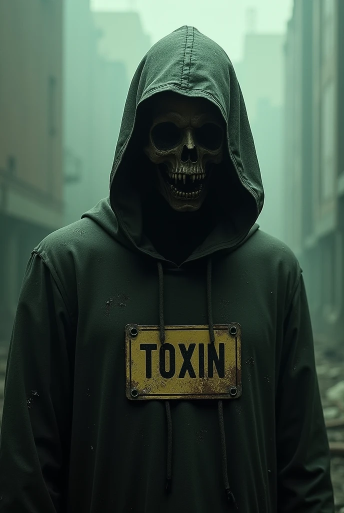 A realistic, ultra-detailed photograph portrait of a middle-age male warrior, shirtless, bio hazard mask. flask this hands with smoke, devastated land, clouds of green poison, blue smoke. Intense colour. The name “Toxic Grey” is prominently displayed in horrors letters behind him.
