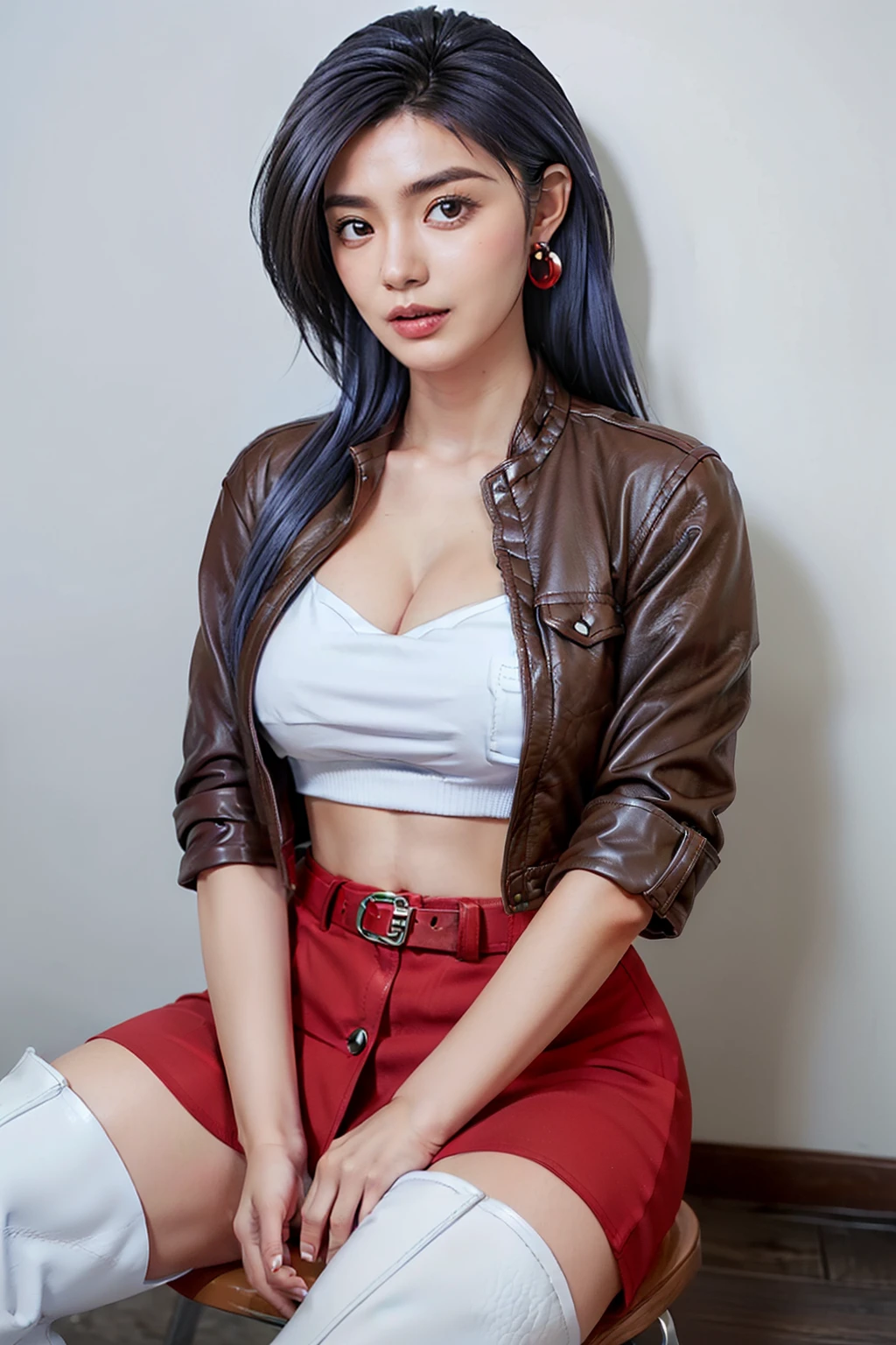 (RAW shooting:1.2, Photoreal:1.2, 8k:1.2, highest quality:1.2, masterpiece:1.2, ultra high resolution:1.2),(perfect dynamic composition:1.2, Highly detailed skin and facial textures:1.2, beautiful and aesthetic:1.2), (Fair skin:1.2,full body:1.2), (large breast:1.4,chest gap:1.4),(perfect limbs:1.2), (perfect fingers:1.2),((sitting:2,chair:1.2,legs together:1.2),((1girl:1.2, asian,Mio Serizawa:1.2,glamour:1.2,makeup:1.2),earrings:1.2,necklace:1.2,long dark blue hair:1.2, white top:1.2 ,short sleeves:1.2,navel:1.2,red jacket:1.2,belt:1.2,latex shorts:1.2,perfect thigh:1.2,sandals:1.2),(simple background:1.2),
