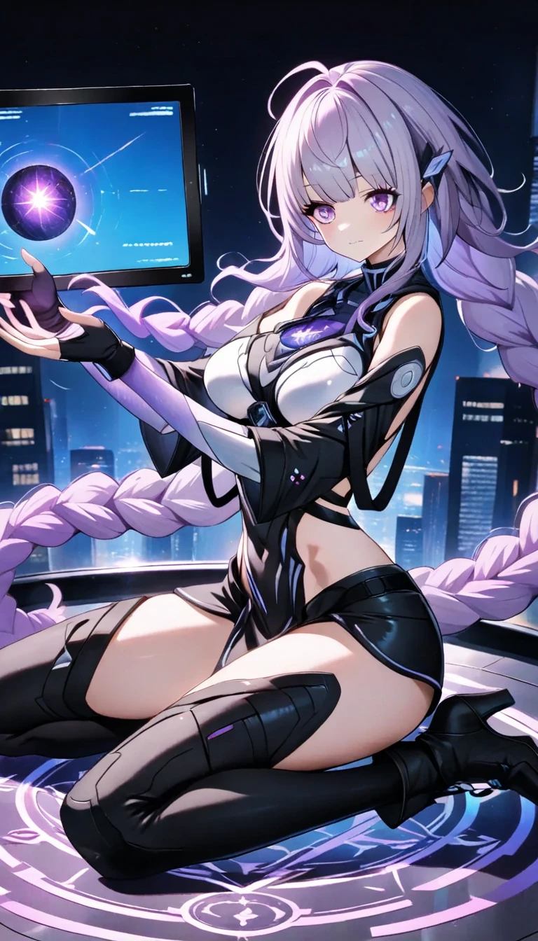 (Two women:1.4)、(Purple-white gradient twin long braided hair girl and silver bob cut woman:1.4)、(A girl is inside a transparent artificial womb、Natural standing posture)、(Numerous digital wires connect the girl from the uterus、Glowing Wiring、Wiring is as follows:々It emits a variety of colors.)、Huge monitor screen、highest quality、8k、 High resolutionアート、High resolution、Very detailed、Cyber Space、meteor、milky way、nebula、chiffon、Backlight、amazing splash、 Sparkling、Dazzling Light、