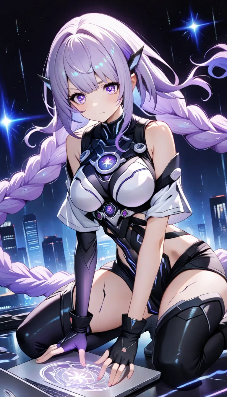 Full body portrait of a man posing fiercely against a neon-lit city background,Night view, yinji , 1 Girl, purple hair,purple eyes,very long hair,grey hair,double braid,large breasts,gradient hair, She is exercising her power, So there is a bright light behind her, Light up her white top. And put some black aura around you,To refer to your mysterious power.