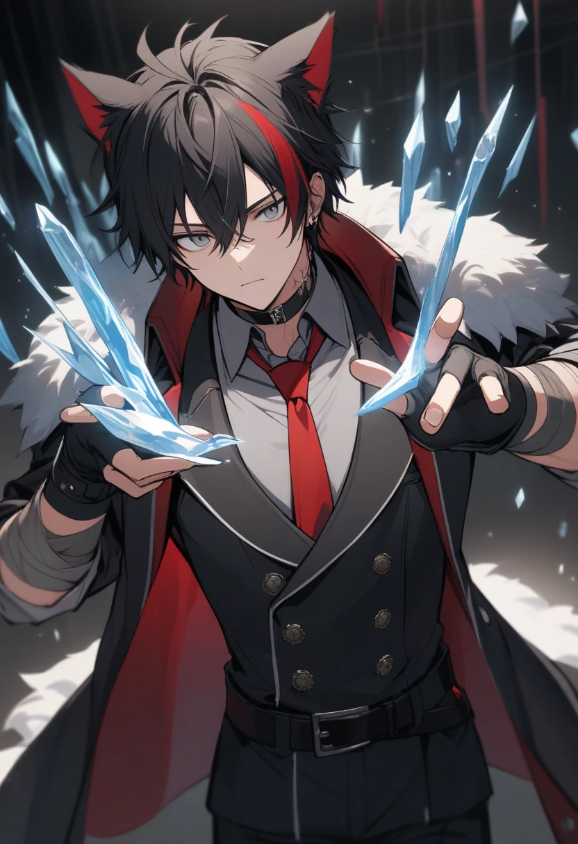 absurdres, highres, ultra detailed, HDR, master piece, best quality, extremely detailed face and eyes, Wriothesley, long hair, expressive crimson eyes, Genshin Impact, 1 man kneeling down, extremely handsome, chained hands, chains around his body, snow, snowflakes, snowing, night, red haori, black kimono