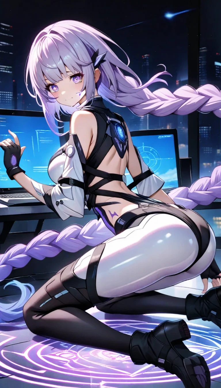 25 year old woman, best quality, super fine, 16k, incredibly absurdres, extremely detailed, delicate and dynamic, (purple eyes and braided low twin tails with gradient from white to purple at the ends), background analyzer room lab, various image effects, bodysuit, looking back at viewer, soldier