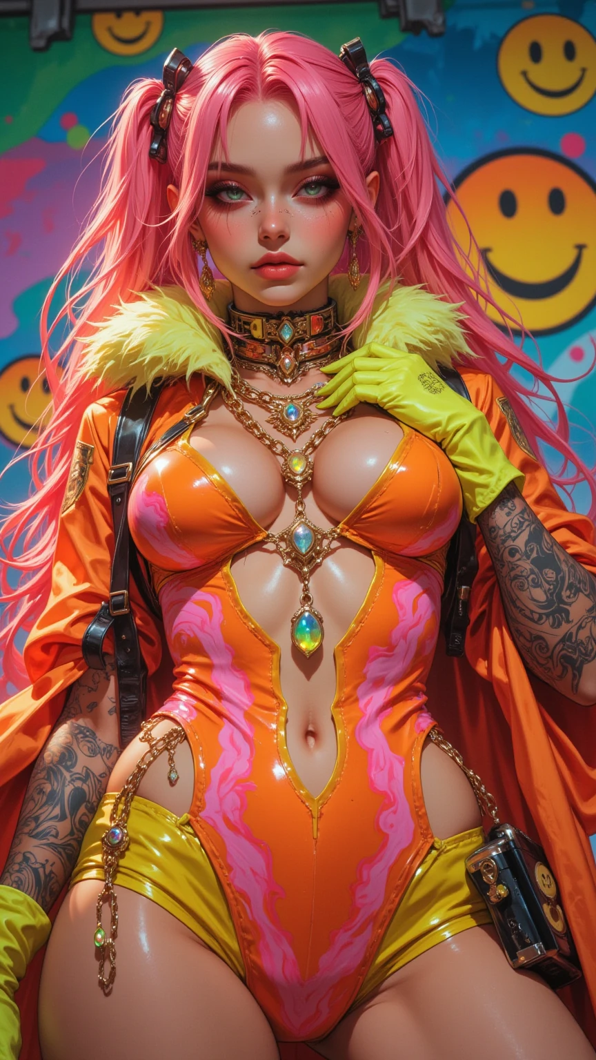(masterpiece, top quality, best quality, official art, beautiful, cosmic, atmospheric, psychedelic, dreamlike and aesthetic:1.2), (1girl, platinum white punk rock mohawk hair, tons of tattoos and piercings, accentuated super huge enormously gigantic tits, cleavage showing, full body portrait), extreme detailed,(fractal art:1.3),colorful,highest detailed, cherry blossoms and butterflies blowing in the wind