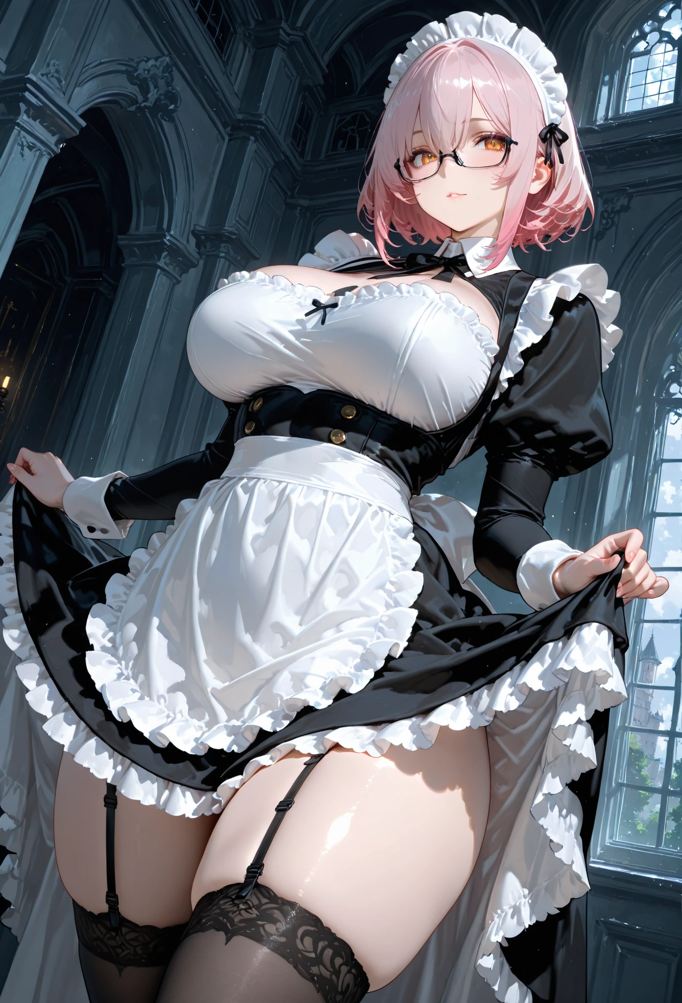 (((NSFW)))、Perfect human body、One lady、((victorian maid outfit))、Pink hair、beautiful shadow、(((lift your skirt up to your waist)))、(((Garter belt visible)))、(((summer shade、Strong sunshine)))、outside of house、perspiring、embarrassed from、red tide