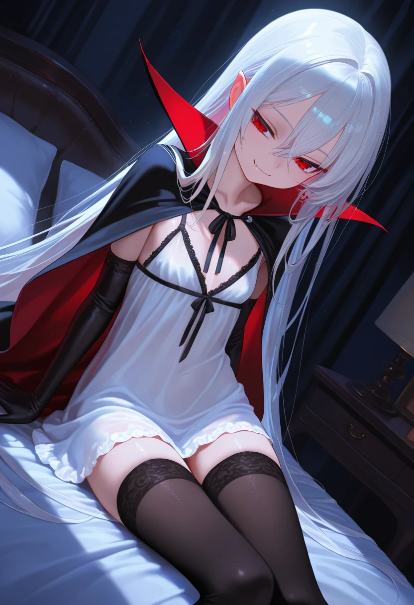 Alice,vampyre,ashen hair, long hair, Eyes red, pointy ears, breasts small, naked showing vagina sexy smile on the bed with legs up