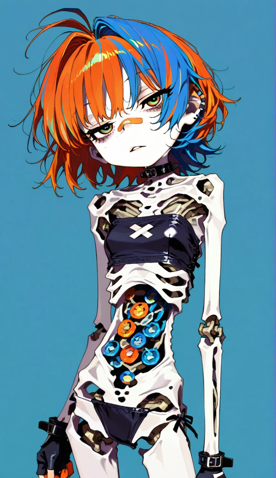 lineart, 2d, muscluar, absurdres, 1girl, ((monster girl, skeleton, bones, ribs, damaged)), torn skin, horror, halloween <lyco:littledog:1.0>