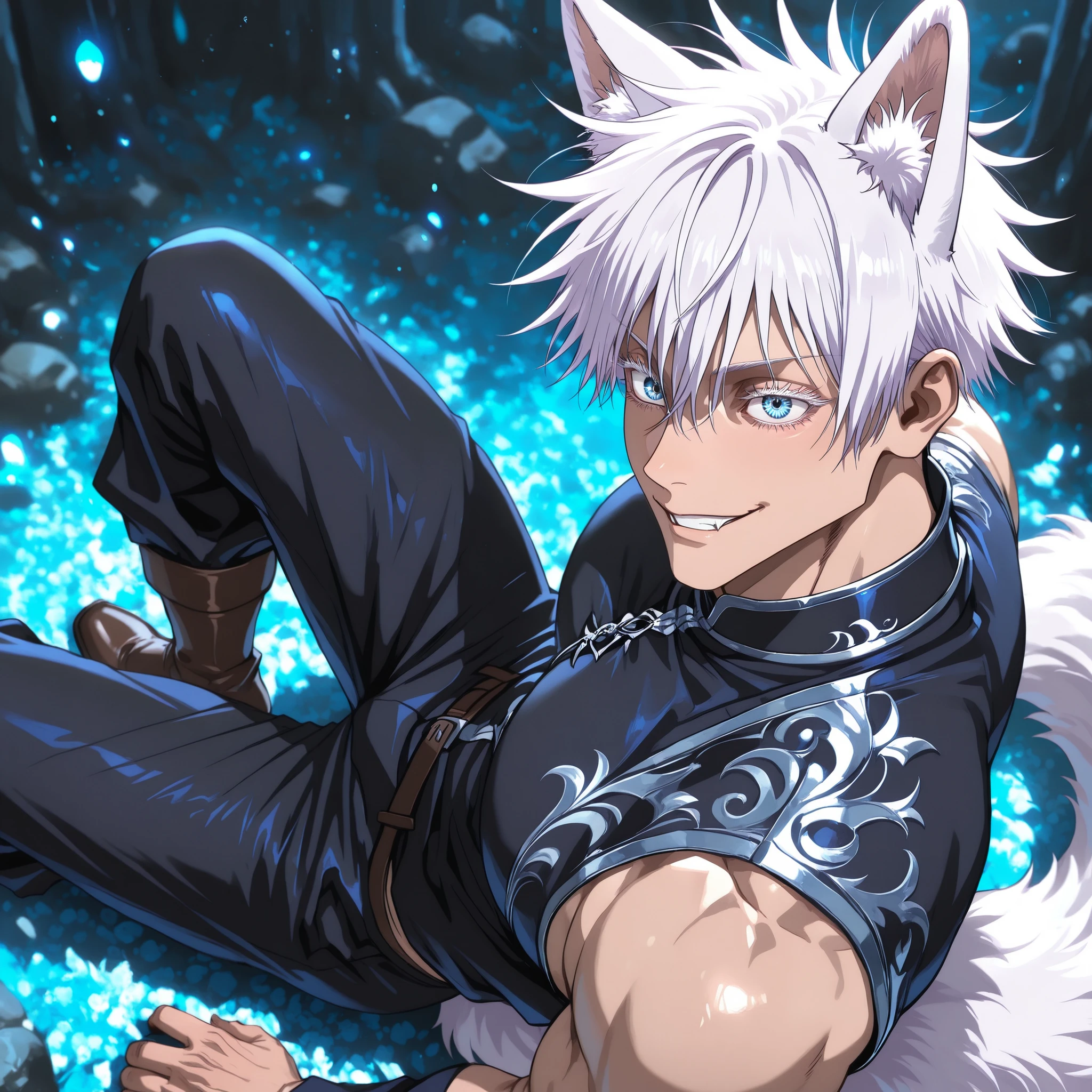 1man, adult, male focus, gojou satoru, jujutsu kaisen, white hair, short hair, ((hair between eyes)), colored eyelashes, white eyelashes, blue eyes, intricate eye iris, detailed eyes, muscular male, sexy man, handsome man, handsome face, handsome fox guy, fox ears, fox tail, beautiful athletic body, fantasy clothes consisting of black and blue elements, black wide pants and boots. fantasy style medieval, vampirism, sly smile