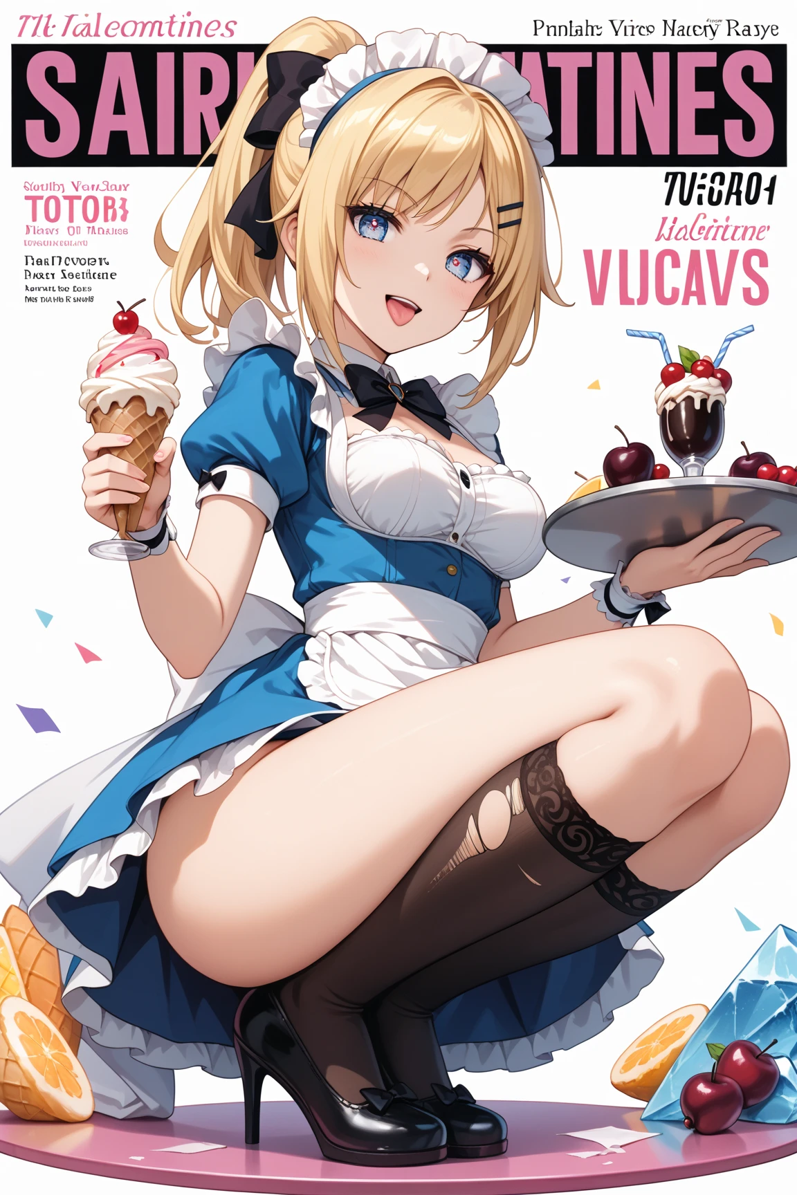 (from below:1.2),(from side:0.9), ((cute Face)), (Close-Up:0.6), ((looking at viewer, holding a icecream)),(Italian sweets magazine cover:1.4), highest quality、(real、photorealistic:1.5),(ultra high resolution, ubel,dark green hair,long hair,side ponytail,hair between eyes,bangs, (beret, black jacket, open clothes, cleavage, midriff, black shorts, black thighhighs, thigh strap, fingerless gloves, single glove:1.2), (double breasted,under bust:1.2), sitting at a table, cute, anime visual of a cute girl, cute anime girl, eating cakes, young anime girl, guweiz, high quality anime artstyle, anime girl, artwork in the style of guweiz, beautiful anime girl, pretty anime girl, (anime girl), official artwork,(with sparkling eyes and a contagious smile),her thin pubic hair, looking at viewer, pose muy sexy"