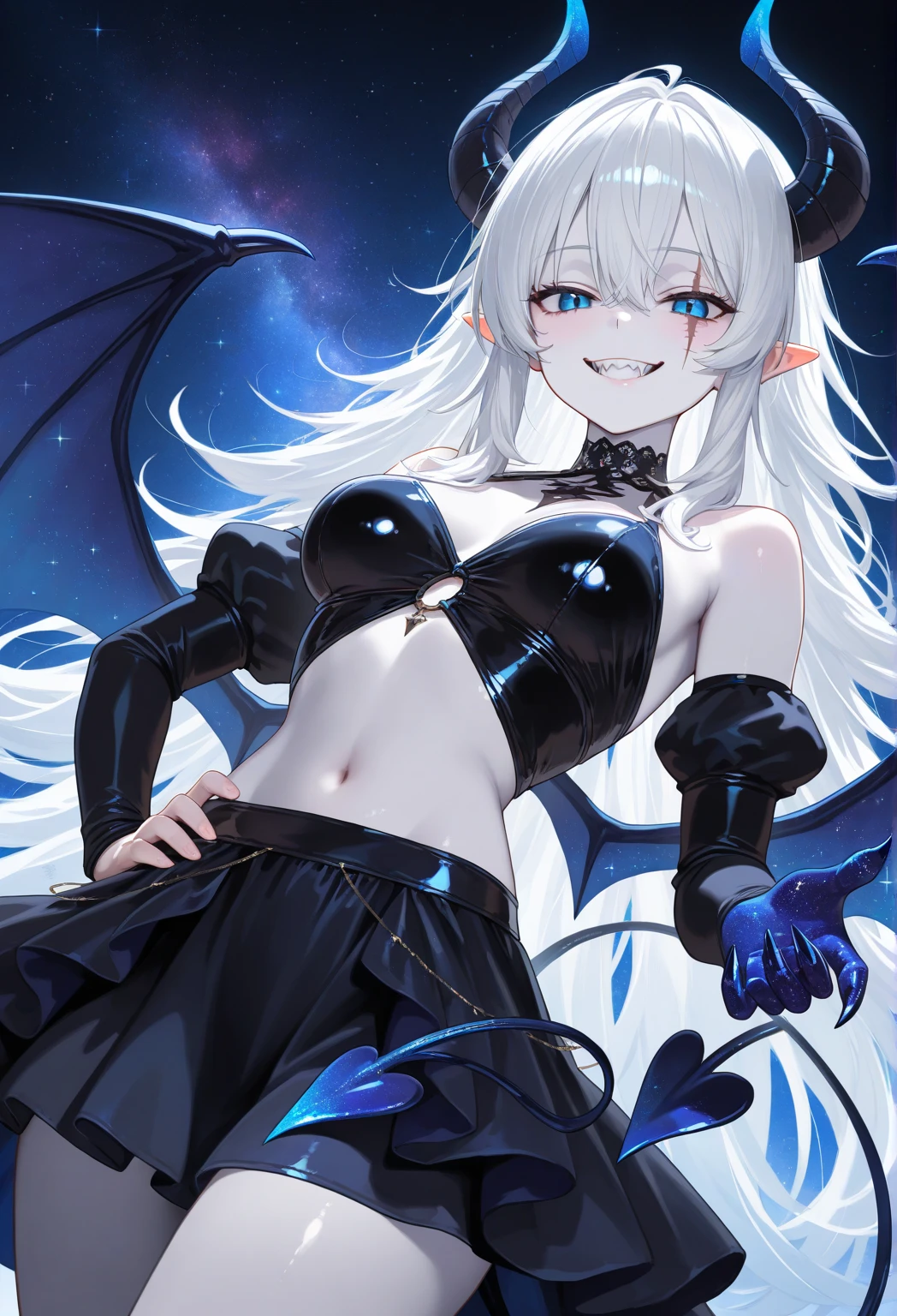 (Front Focus),(In the Dark:1.6), (masutepiece, of the highest quality, best, Official art, Beautiful and aesthetic:1.2), tachi-e, game cg, Highly detailed and realistic CG, Colorful, Masterpiece, Best Quality, jewel-like eyes, 1girl, solo, black hair, shiny hair, very long straight hair, slender, skinny legs, succubus girl,succubus dress, mini skirt, succubus boots, aqua blue eyes, large breasts, sagging breasts, cleavage cut out, black elbow gloves, latex, smirk, smile, jig eyes, jitome, half-closed eyes, tsurime, hotel bed room background, from pov, best quality eyes, sharp teeth, tsundere, standing, contrapposto, hand on hip, (shiny skin:1.0), succubus wings, bat wings, succubus tail, mesugaki, teasing, smug, cute girl, petite, open mouth, fangs, tongue out, pointy ears, pink heart tattoo, (Sharp Focus:1.2), Thin arms, Thin legs, outline, bdsm, slut, bitch, CFNF,