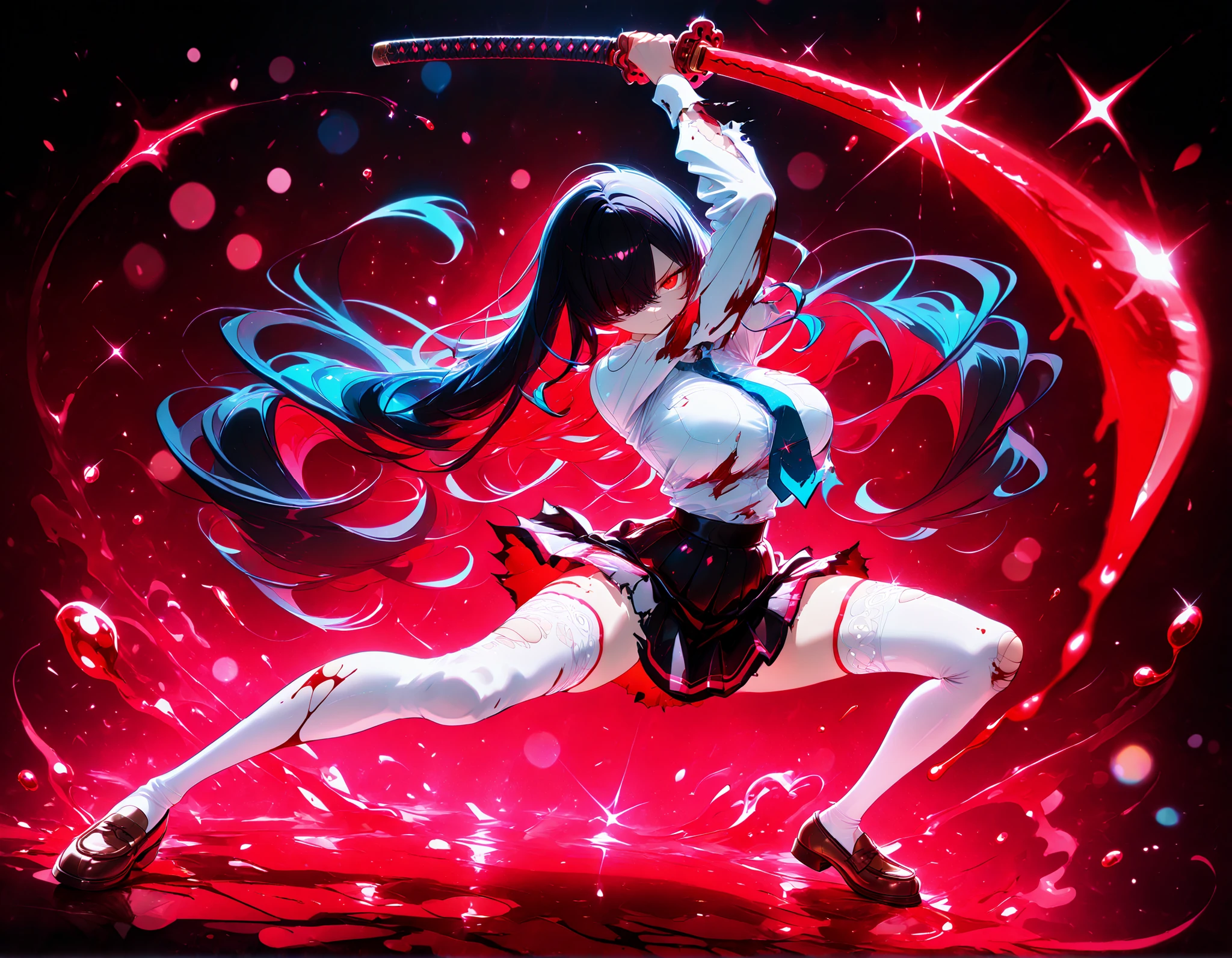 neon art, neon lineart, colorful neon lineart, neon silhouette, silhouette, neon colors, glowing, glow effect, bright outlines, vibrant colors, high contrast, dark background, digital art, extreme perspective、upside-down, backflip、Whole body expression, 1girl, Kuroki Monika, black hair, very long hair, hair over right eye, red eyes, large breasts, (petite but curvy, very cute),
, white lace choker, school uniform, neon trims, white shirt, marine blue necktie, marine skirt, intricate white thighhighs, brown loafers, torn clothes, scratch, solo, glowing eyes, looking at viewer, dynamic shot, dynamic view, dynamic pose, holding katana, crouching, foreshortening, bokeh, glittering, sparkling, blood splash, bloody, blood, red theme, (((black background)))