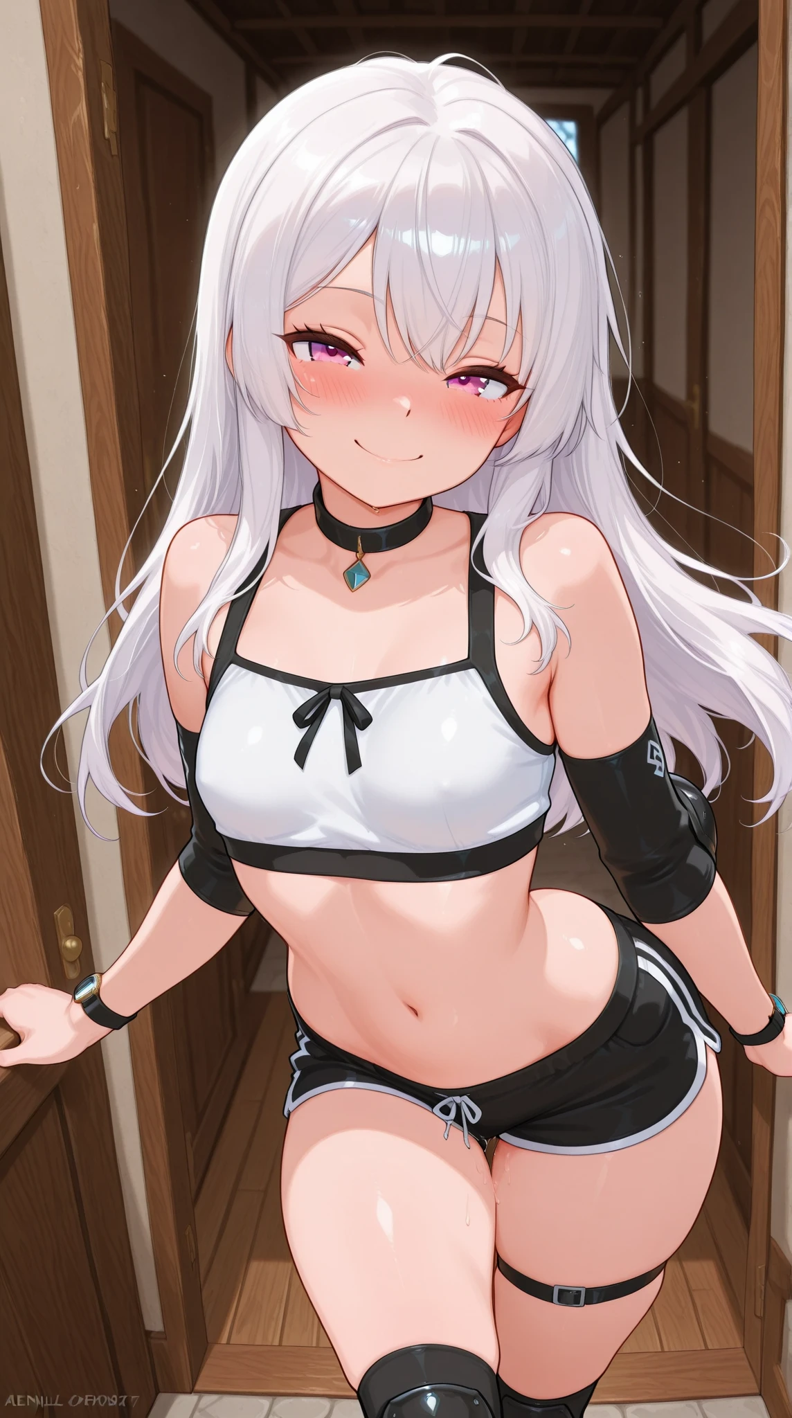 1 girl,masterpiece、beautiful lighting、Detailed beautiful face、Detailed beautiful eyes、hight resolution、Ultra-fine illustration、extremely delicate and beautiful、top-quality、The whole body is shown,(A MILF:1.7),30s、(Silvery hair、side poneyTail:1.5、Purple eyes)、(The eyes are detailed and beautiful),Curvaceous, beauty legs、A smile、(shinny hair, Glossy eyes, shinny skin), (glistning skin) ,crouching down、open one's legs、Open knees、(ratex、Enamel clothes、Sleeveless 、turtle neck)、thighs thighs thighs thighs、Watch your audience、under the boobs、small tits、blushed、thick thight、(white panty hose:1.7)、Blushing cheeks、(abdominals)、The navel is visible、spats