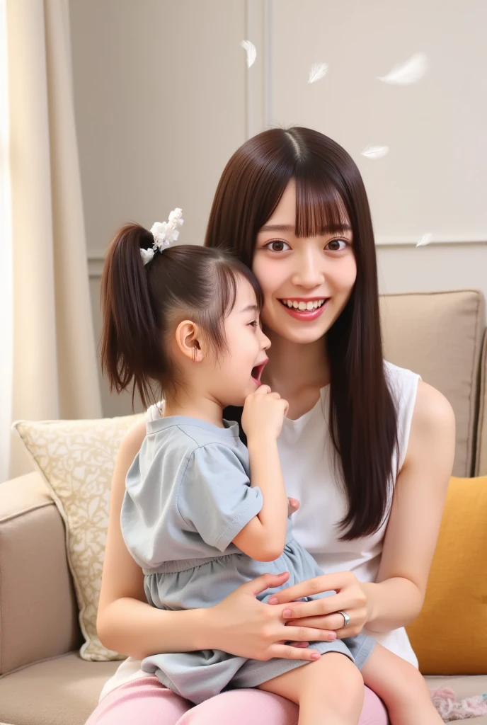 1-year-old baby, sitting in a beauty salon chair getting a haircut, happy and smiling