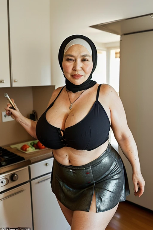 Very Pale skin Kurdish woman black straight tight tied single hijab nude shoulder nude arm breasts nude bracelets necklace standing in bathroom laughing muscle body strong body thick body thick arms bodybuilder full body