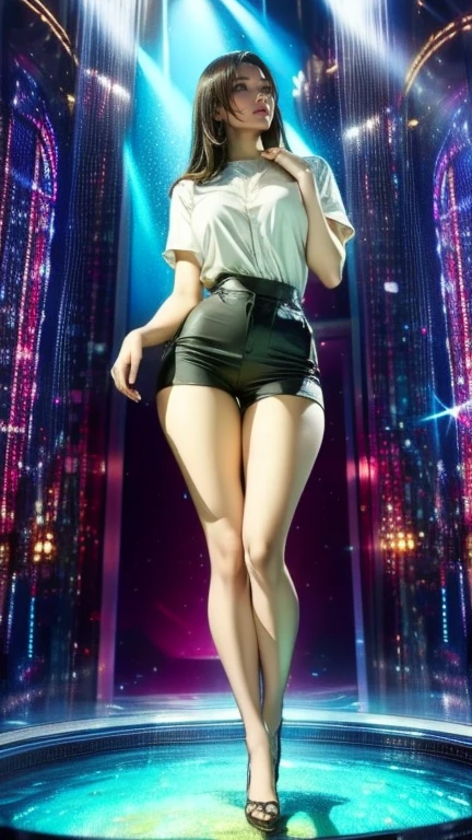 （8k，best quality，masterpiece，practical，Super detailed：1.3），（1 girl，Beautiful Korean girl, Korean pop idol），（suit：1.2），（Step skirt：1.1），（Serious expression：1.2）discuss，（speech，handheld microphone：1.2）（crowd，audience：1.3），Sexy long legs， （thigh gap：1.5），Wide hips，S-Shaped Body， Buttocks raised，，black hair，（Ass Focus：1.1）Shot from behind