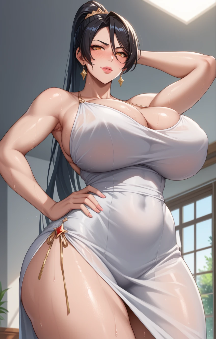 Girl with glasses, , short black hair, big body, big tits, big ass, big thighs, showing off her armpits.