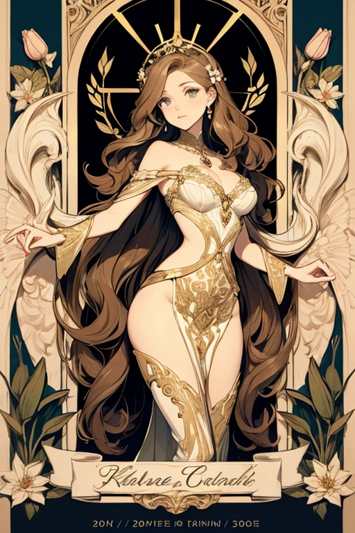 a beautiful attractive woman good mood in white lace cut-out bodysuit France style , low waist and high cut legs , wavy blond hair ,perfect face and slim body ,art nouveau wallpaper gold patterns background, intricate chain jewelry suspenders, beautiful round breast, hanging breasts, cleavage chest press together, full body shot ,elegance pose