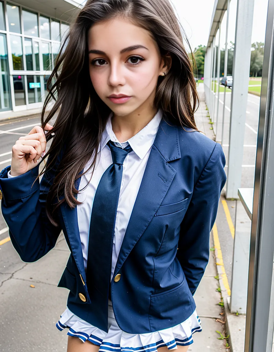 (8k, RAW photos, ultra high quality, ultra detailed CG Unity 8k wallpaper, masterpiece: 1.2), Sigma 50mm f1.4, one girl, 3D, looking viewer, super beautiful detailed eyes, accurate shiny iris depiction, pupil is black, water-based humor shine, ultra-detailed eyelashes, very slightly black rim iris, delicate and beautiful hair, ultra-detailed hair, precise shading of hair, delicate hair tips, no makeup, ultra-detailed lipsPrecisely drawn lip wrinkles, beautiful shiny lips, short hair (shiny skin due to sweat: 0.3), precise shading created on clothes, (school uniform, white shirt, short sleeves, dark gray pleated plaid skirt, dark gray tie: 1.2), walking through the neon streets in the middle of the night. Have a bag for students. 16 years old