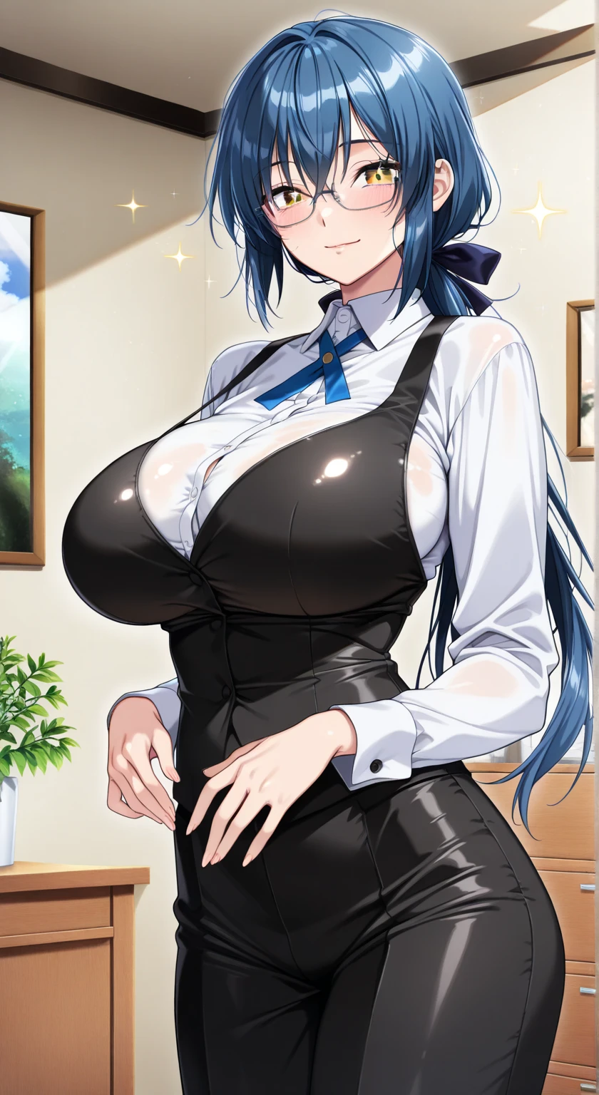 Rem from ReZero, Blue-haired girl, hair covering left eye, maid suit, white pantyhose, huge breasts, thin legs, ahegao, soft eyes, short, two-dimensional hair, covering her