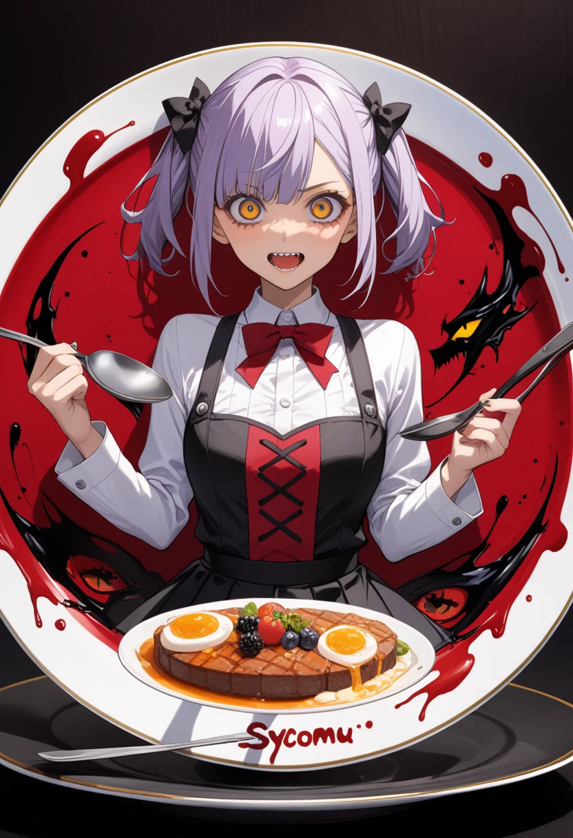 demon laughing and cooking the head of a young woman possessed by ?????, in a large pan, in the sauce several drug capsules and cigarette butts, a highly strong, macabre, and horror image,