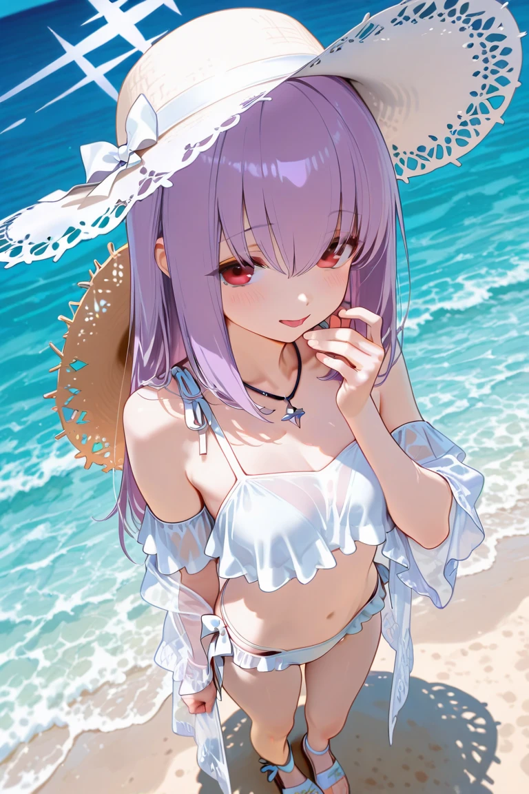 beautiful illustrations, highest quality, pretty girl,beautiful girl、clear face、 half girl、pastel colour 、blush、perfect hands、five fingers、fantasy、fantasy、thighs、(perfect face:1.1), smile、simple swimwear、white bikini、ponytail