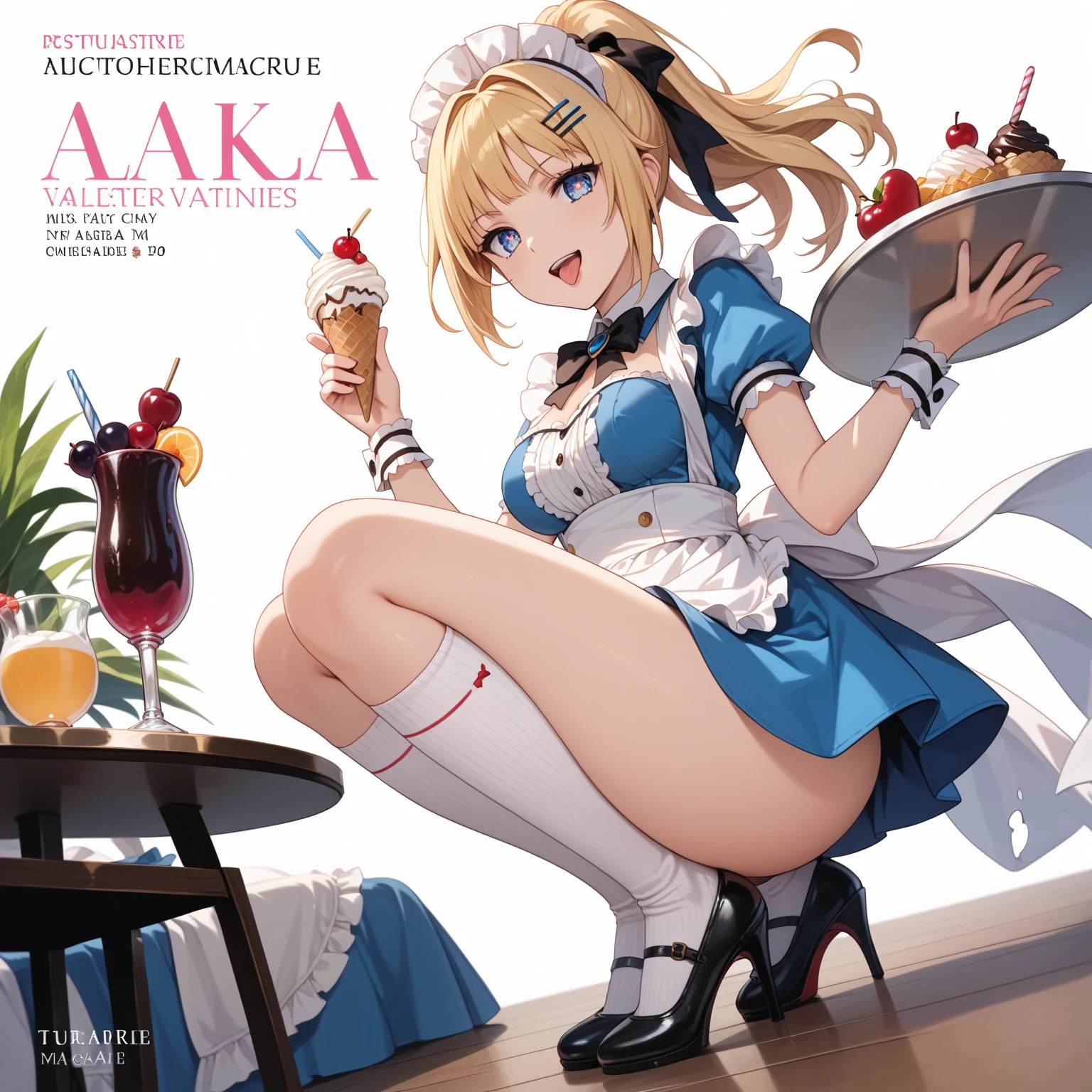 <lora:CathrineV1:0.6>,((donut advertising)),blue eyes, catherine, solo, 1girl, breasts,blonde hair, drill hair, twin drills, ribbon, twintails,