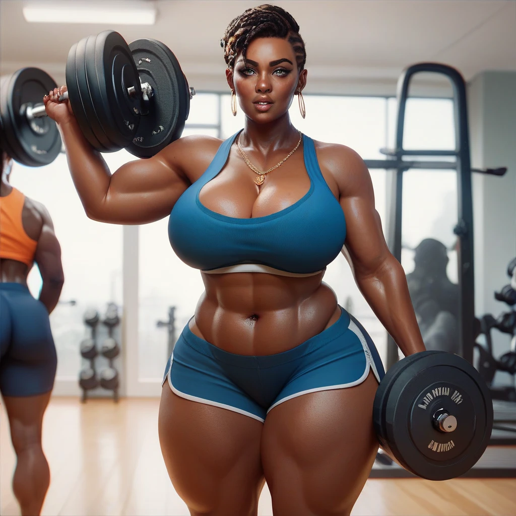 ONE GIRL. best quality, ultra-detailed, hyper realistic, 8k, full body shot, 23 years old, Nigerian beautiful girl, round shaped face, dark black skin, highly detailed skin with blemishes, ebony, dark natural afro hair, fit athletic figure, full body, big natural E cup breasts, wide hips, wearing a gym outfit, cleavage, provocative expression, looking at her legs, sexy alluring pose, shinny wet skin, posing in a gym