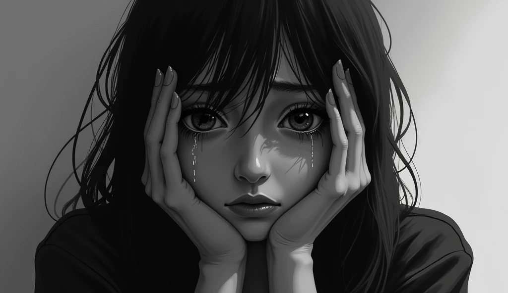 (high quality), (Black and white), (anime) Woman crying in a burning castle