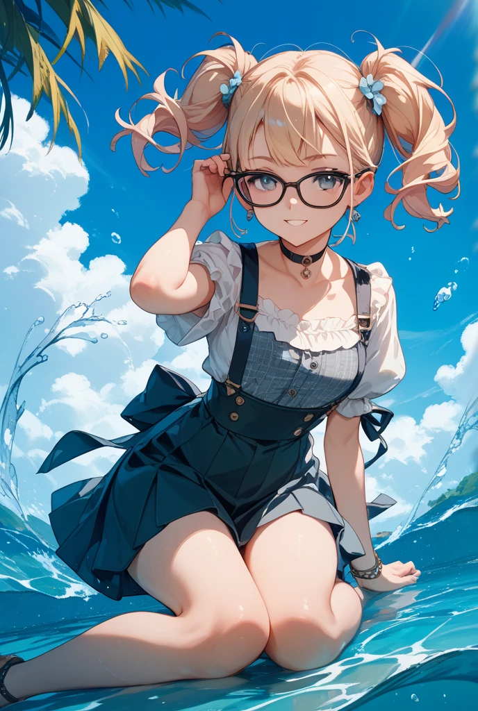 Highest quality,masterpiece,8k,Anime Style,Blonde with blue eyes、Black-rimmed round glasses,camisole、race,White camisole dress,White mini skirt,Cleavage,Side view,Large Breasts、Twin tails、Cute eyes,sun hat(sun hat),Japanese Festivals,Stall,evening,Smooth thighs,Accentuate your breasts,
