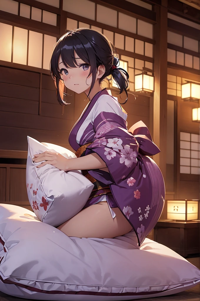 masutepiece, ultra-quality, Super Detail, Perfect drawing, beautiful girl in loincloth, Japan outfit, ((Sleep with your eyes closed)), Intense sleep phases、Big ass, Samurai, in yukata, Black ponytail, Hair tied up with a large red ribbon,blush (0.2),traditional Japanese room、Tropical night、Sleep disturbance、electric fan、mosquito coil、The wind is beautiful, Beautiful background, Accurate drawing, detailed drawin