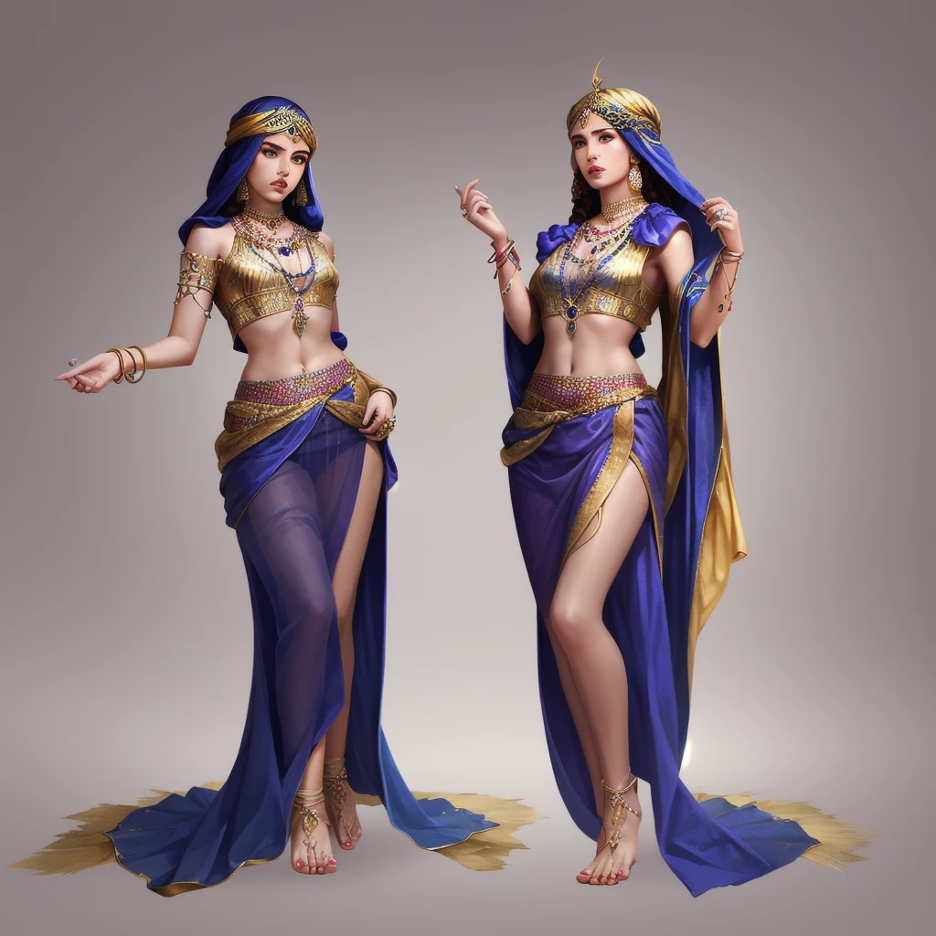 (Masterpiece, best quality), detailed, 1girl, ((character concept art)), ((character design sheet, same character, front, side, back)), many items, (Layla has long, black hair with golden streaks, and her eyes are a mesmerizing gold. She wears a dancer’s outfit adorned with jewels and intricate patterns, along with a veil that she can use to blend into the desert sands. She is skilled with a pair of elegant daggers. full of details.