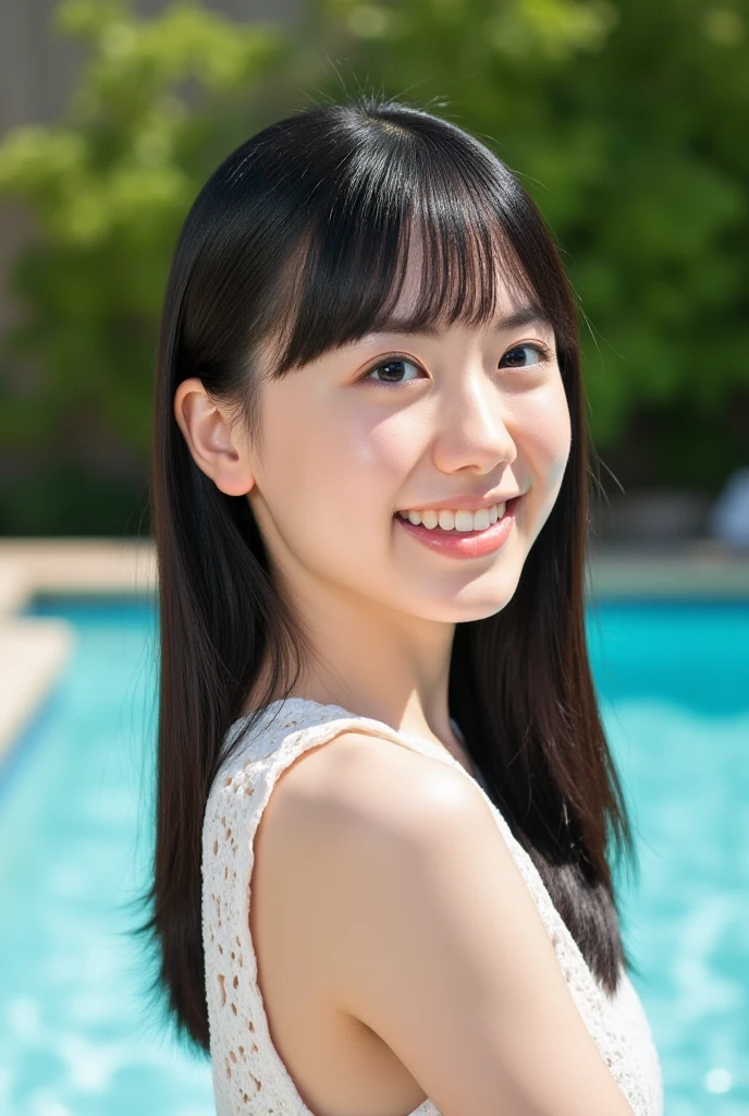 Japanese, brown eyes, smiling, high school girl, black hair, twin tails, white ribbon hair ornament, necklace, white one-piece swimsuit, nostalgic scenery, blue sky and white cumulonimbus clouds, standing in front of the poolside, school building, immersed in the pool 