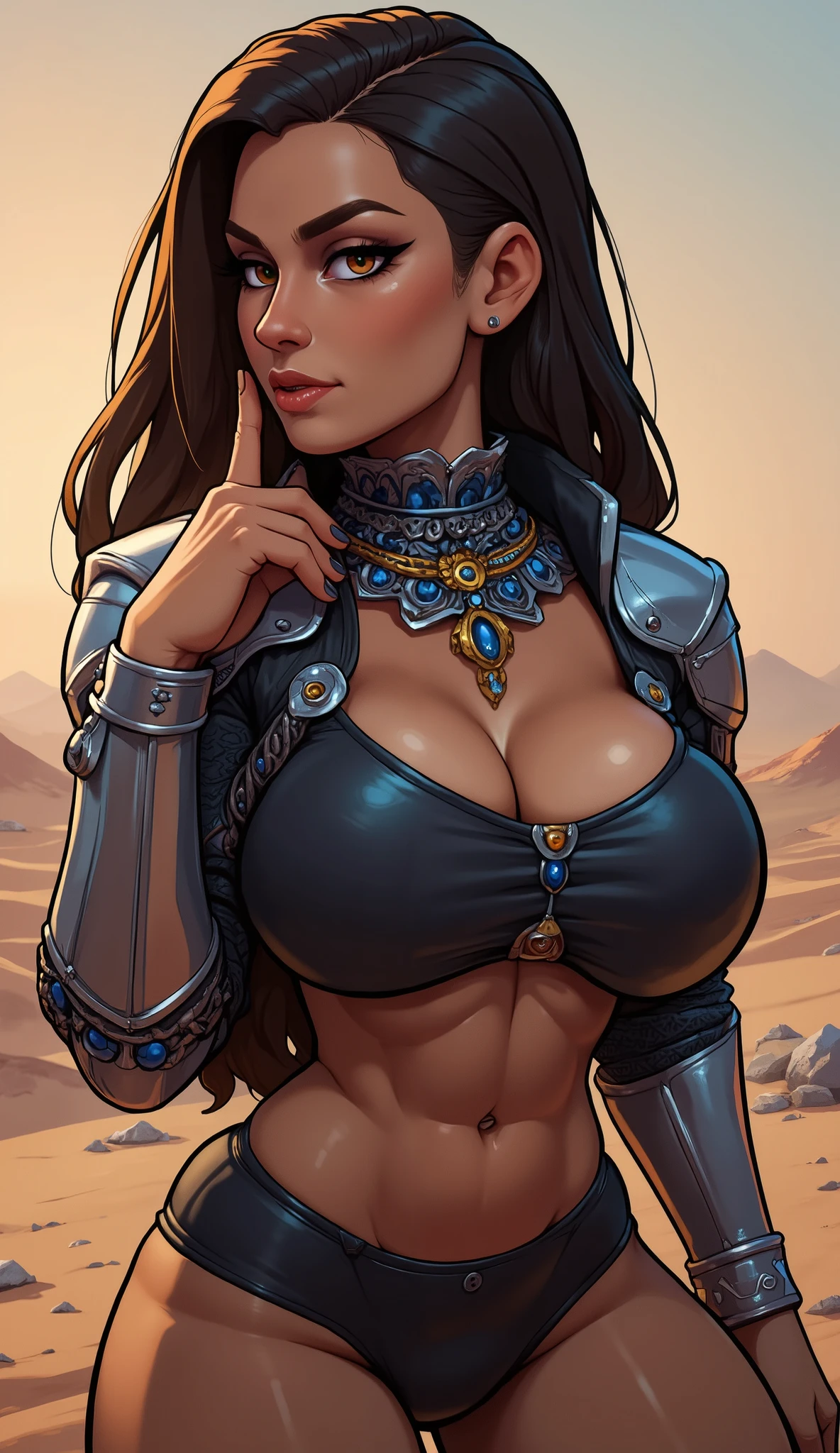 a warrior bunny girl who is very attractive with an elegant look on her face. She has long, braided black hair styled into a ponytail, with bunny ears adorning her head. Her armor is designed to be both functional and seductive, highlighting her curvy and alluring body figure. The armor should reveal her navel and accentuate her waistline. The overall aesthetic should combine strength and allure, with a balance of fierce warrior elements and feminine charm