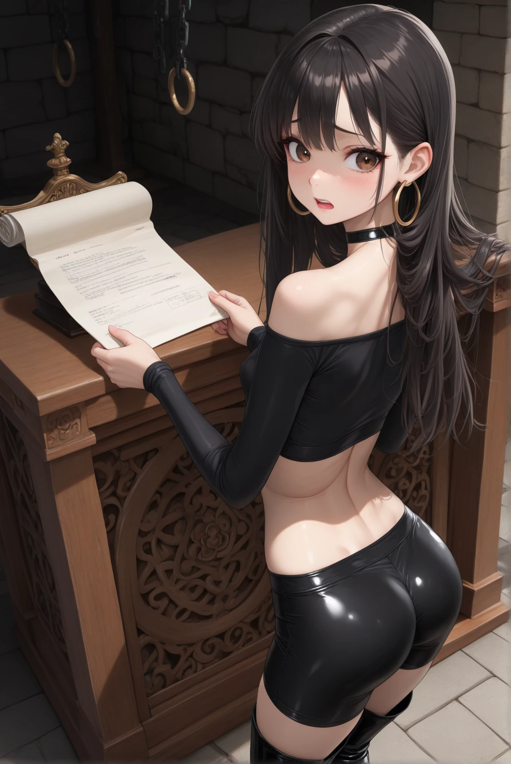1girl, brown hair, grey eyes, short hair, breasts, (elf:0.91), office outfit, shirt, mini skirt, stockings, indoors, perfect ass, (masterpiece, best quality:1.21)
