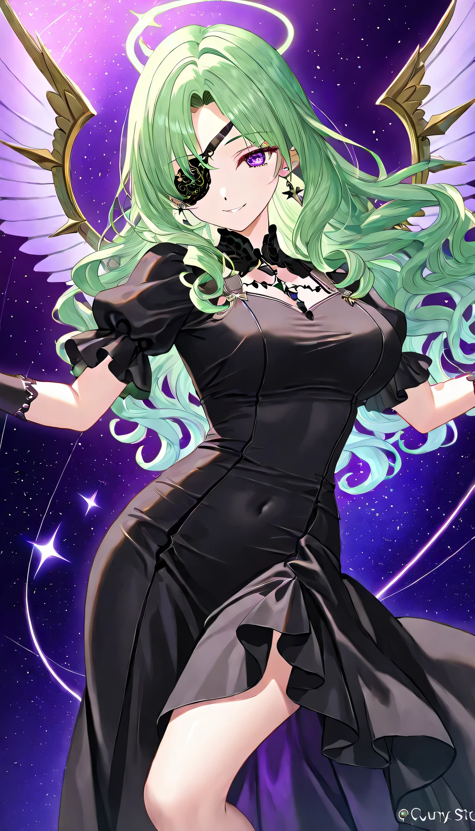 one woman,green hair、long hair、wavy hair(curly hair)、parted bangs(center separation)、Eye patch、purple eyes、purple eyes、Seductive Smile、Dynamic pose、((black dress))、black dress、Magic Rim、A giant monocular monster、has wings behind it、dark style、Countless Stars、five-pointed star