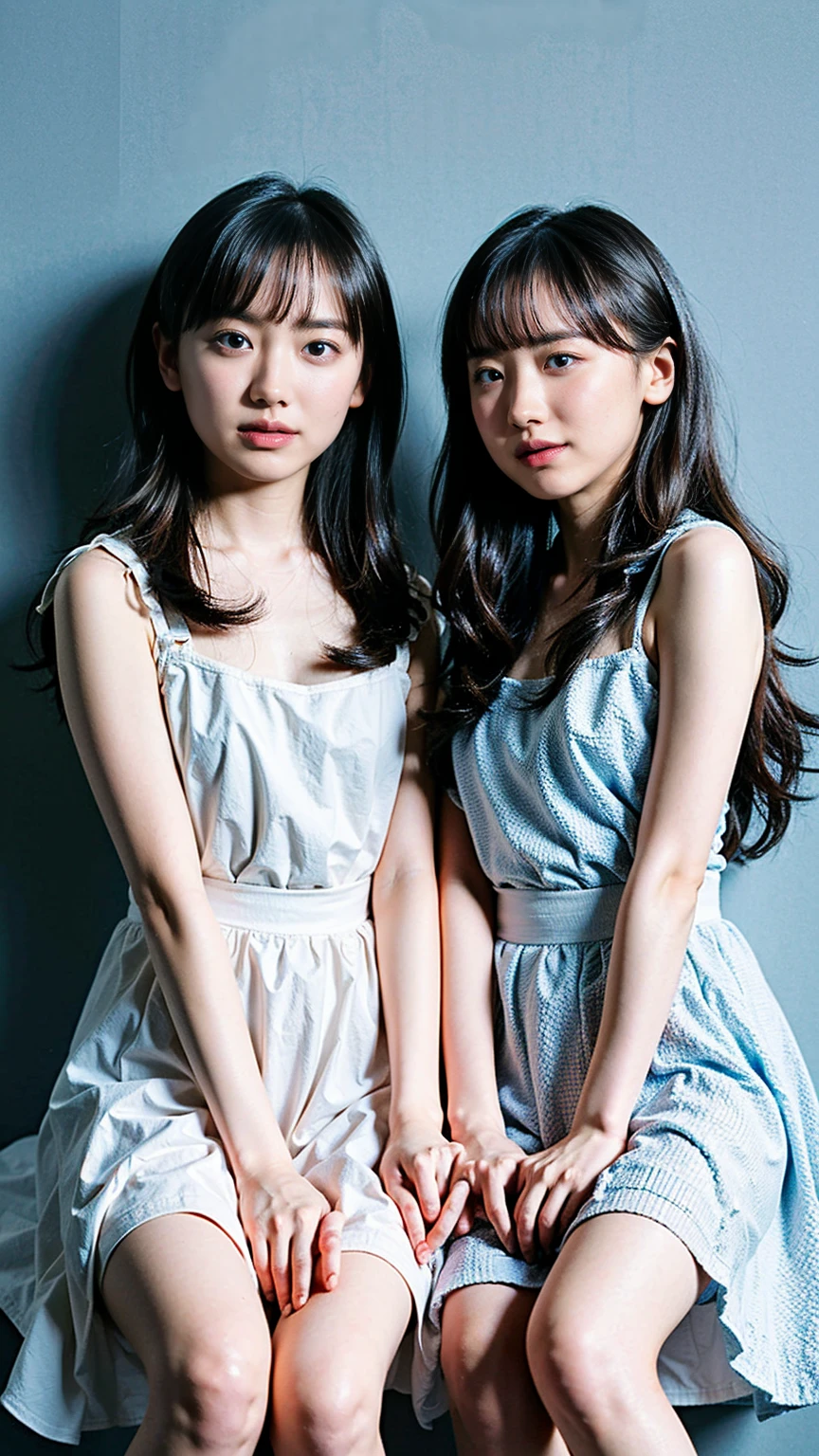 they are two asian women posing for a picture together, yoshitomo nara and aya takano, ruan jia and fenghua zhong, ayami kojima and lyde caldwell, two japanese schoolgirls posing, with a twin, beautiful sci - fi twins, twins, huang yuxing and aya takano, beautiful gemini twins portrait, wu liu