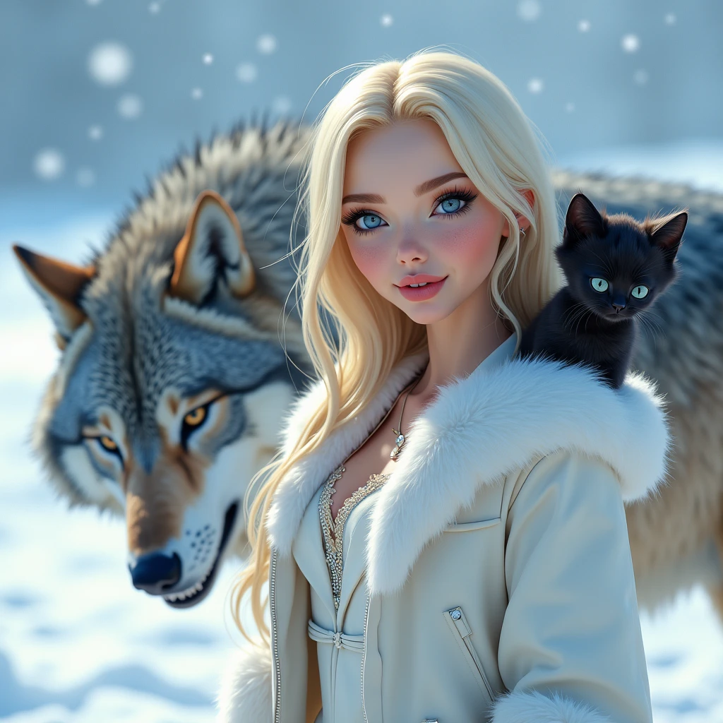 A gorgeous European blonde woman, she's a men's magazine model, flirts with camera, in a white coat holding a lynx in her arms, goddess of winter, uhd, beautiful digital artwork, winter, holding a lynx