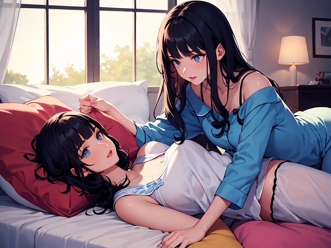 Two people lying on the bed with their arms raised, posing in bed while posing in the same bed, an epic story of twin sisters,