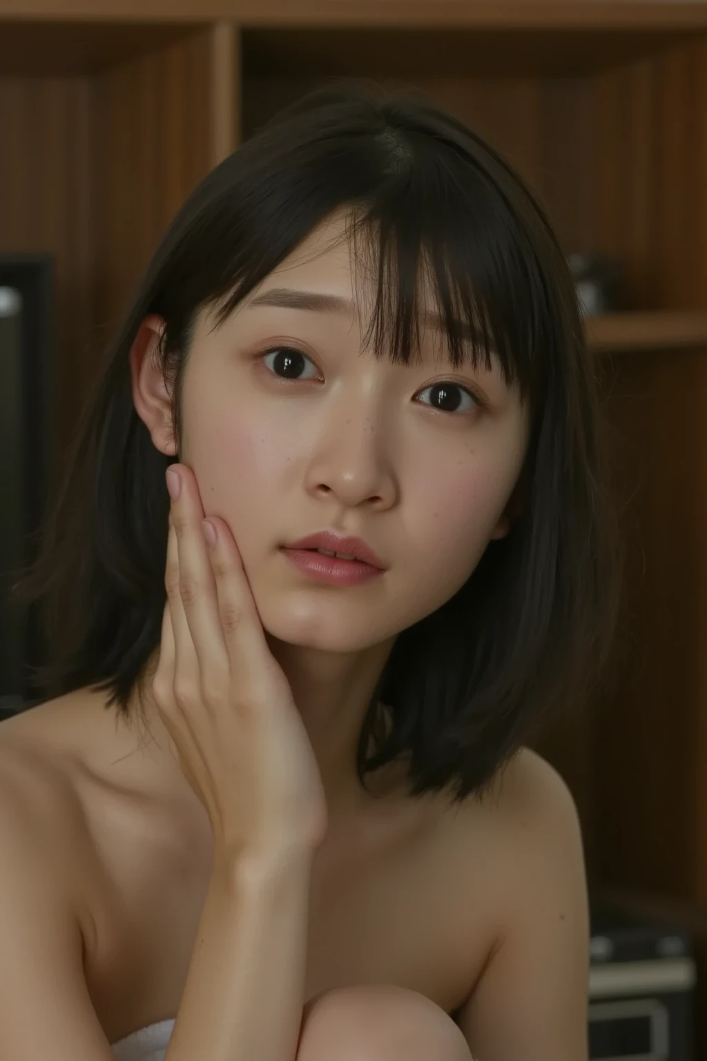 Best quality, masterpiece, ultra high res, (photorealistic:1.5), raw photo, 1girl, offshoulder, in the dark, deep shadow, low key, cold light, sexy look, short hair