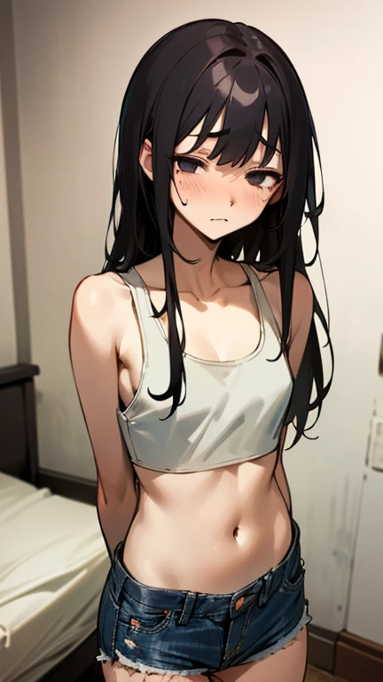 Hayate nagatoro, long hair, crouched in the dressing room with hands behind the head, gothic makeup, tomboy style, (angry), (disgusted), atmospheric light, small breasts, perfect female face, ultra detailed, (wearing black running uniform with short sleeves and short shorts), cameltoe visible, ((naked torso)), ((slim body and fitness))), large abdominals, toned abs, fit, smooth, high details, soft bokeh background, --auto --s2