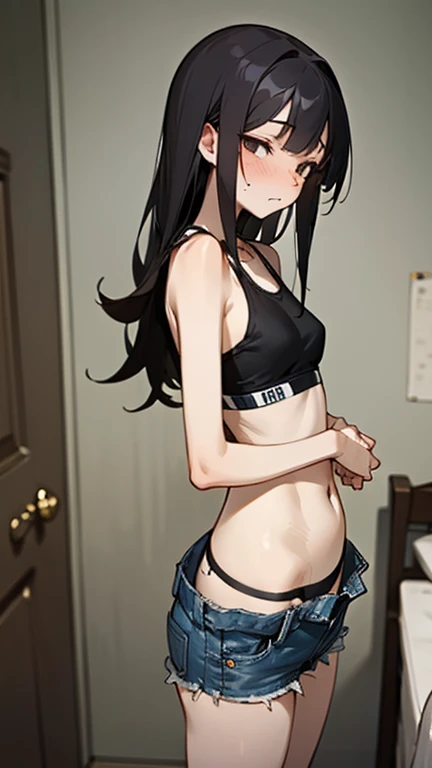 (Highly detailed CG Unity 8k wallpaper),(masterpiece),(Highest quality),(Super detailed),(Best illustrations),(Best Shadow),(Absurd),One girl,alone,Chigahara, jeans ,Black Hair, Red eyes, Tank top, belly button, jewelry, Long Hair, Cleavage, Avert your eyes from the audience, bed、Large Breasts