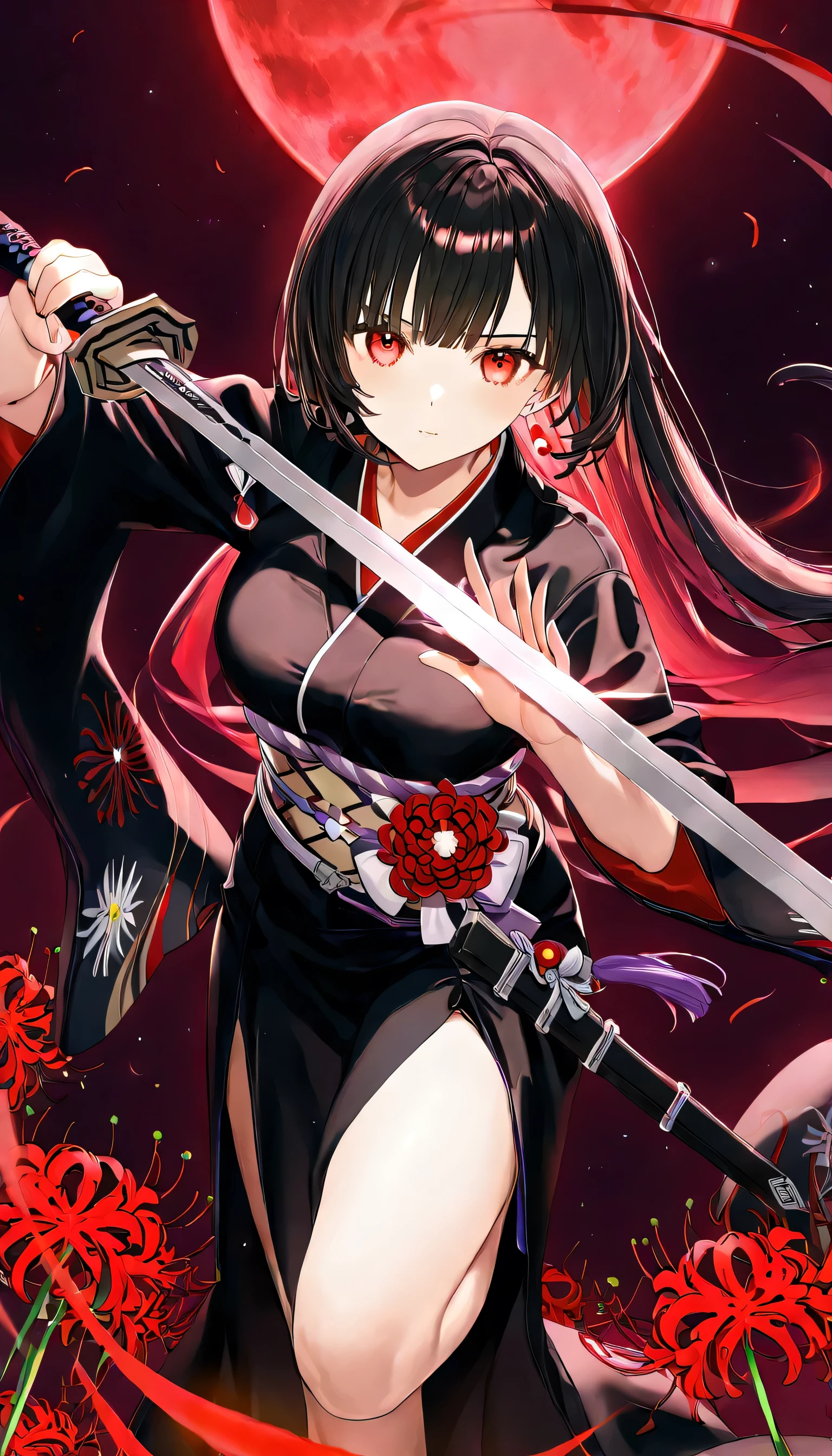 one woman,Japanese style girl、dark haired、Princess Cut、Red Eyes、(No expression)、(black kimono)、(Red spider lilyの着物)、Dynamic pose、Reach forward、night、Red Moon、Red spider lily、Holding a dagger in both hands、((There are swords floating around))、a lot of blade、Crimson Aura、