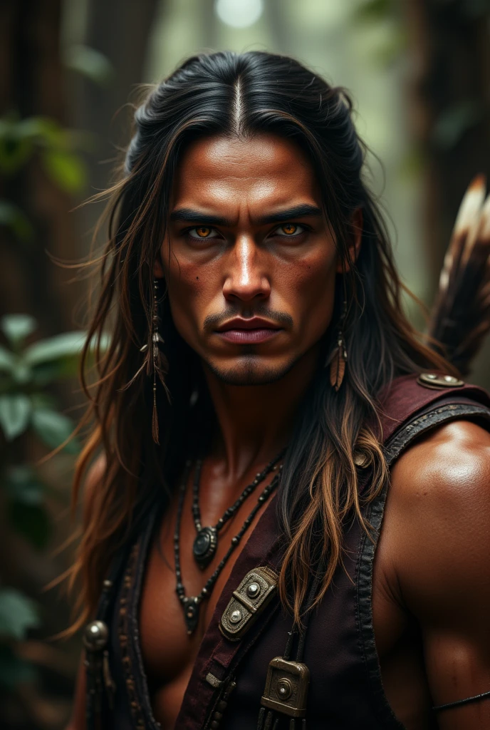 aidmafluxpro1.1,Homme sioux, 35 ans, musclé, cheveux bruns longs, une plume pendante à l'oreille, avec des yeux perçants ambrés dans une sombre forêt