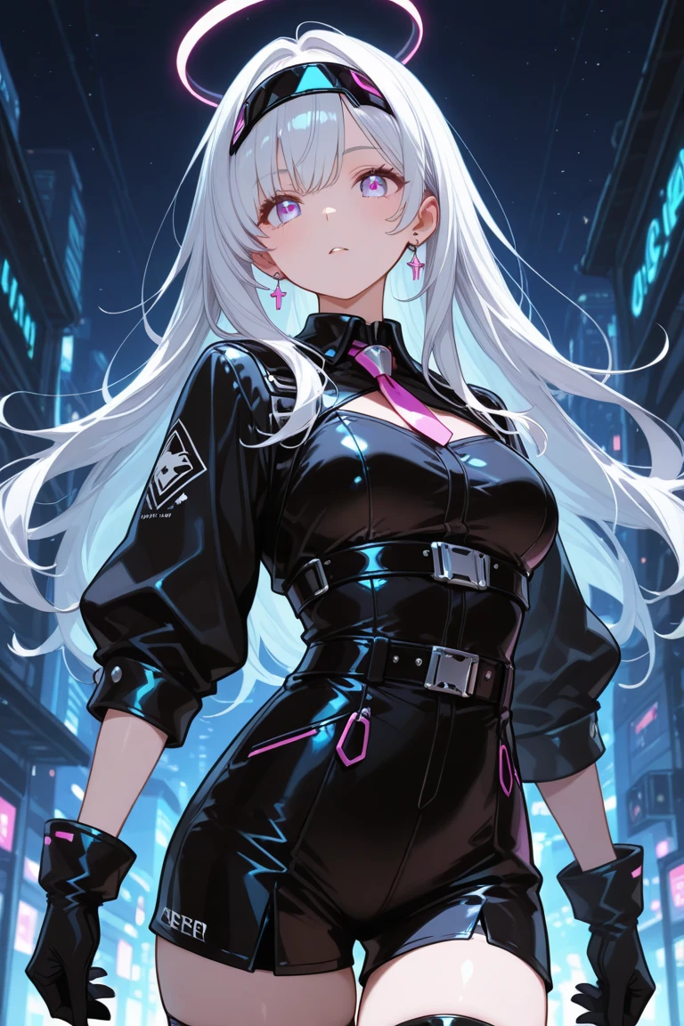 masterpiece, best quality, detailed clothes,1girl, one green eye, one blue eye, white hair with pink ends, pink highlights in hair, pale skin, glasses, solo, long hair, bangs, medium breasts, black and gold clothing, smiling, sexy, zettai ryouiki,revealing clothing,show skin,,,(cleavage),((((jacket, jacket,jacket,jacket intricate))))((detailed outfit,detailed clothes, cyberpunk gear, cyberpunk clothes, neon cyberpunk background, cyberpunk style, cyberpunk, boots, pointy ears, hair with pink hightlights, fingerless gloves