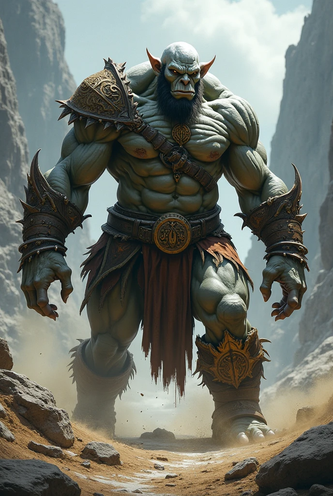 Male Goliath DND with grey skin dressed sexy with giant battle axe