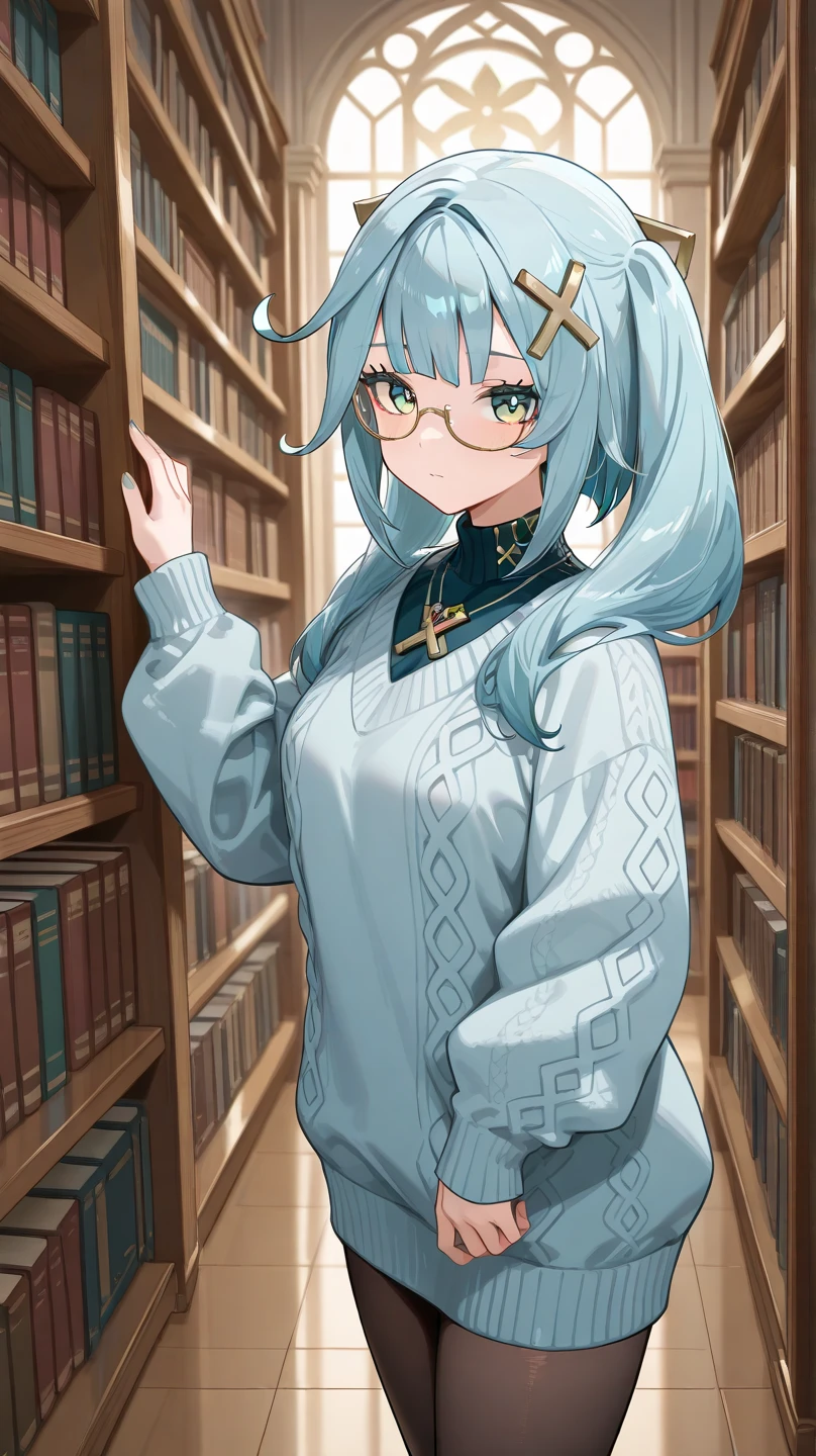 (masterpiece),(best quality), glasses, chakumomi, pov hand, breast grab, (embarrassed),sweater, in library,